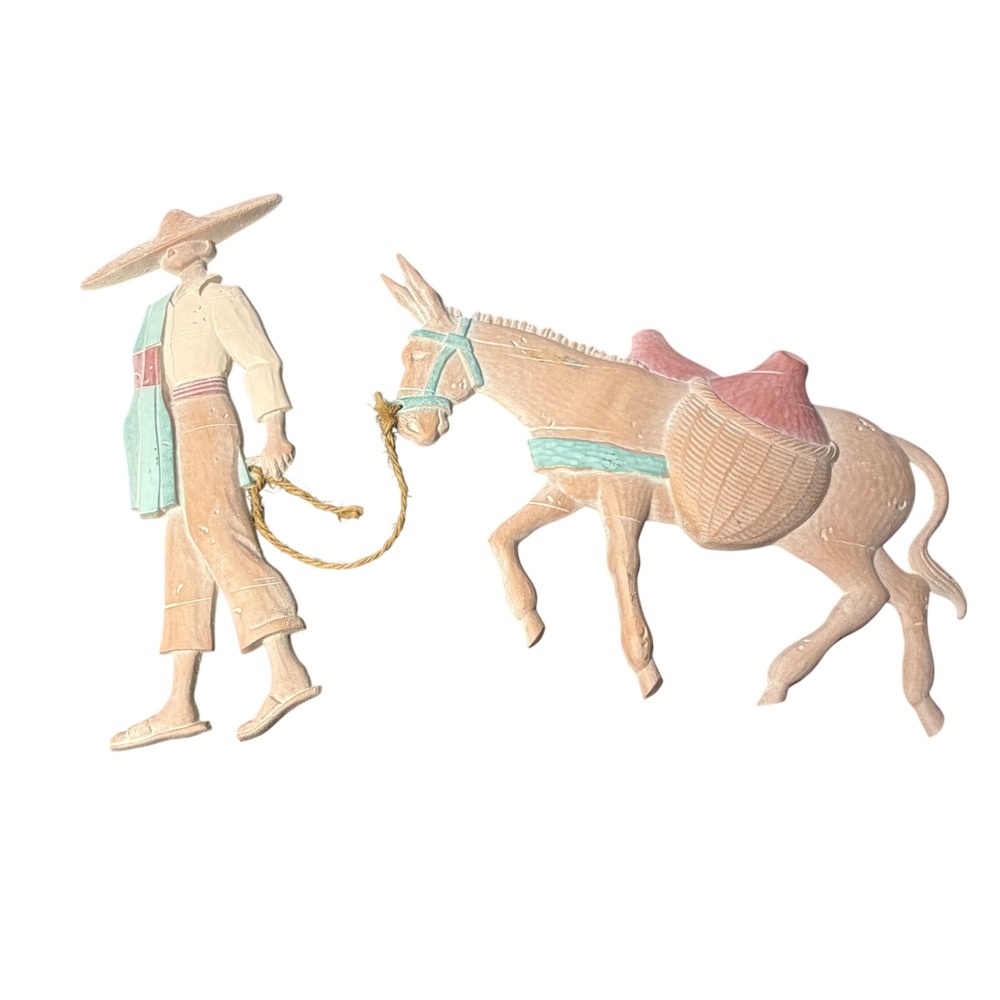 Vintage Mexican Folk Art Wall Hanging Man Leading Donkey‎ 2pc Set Rustic Decor